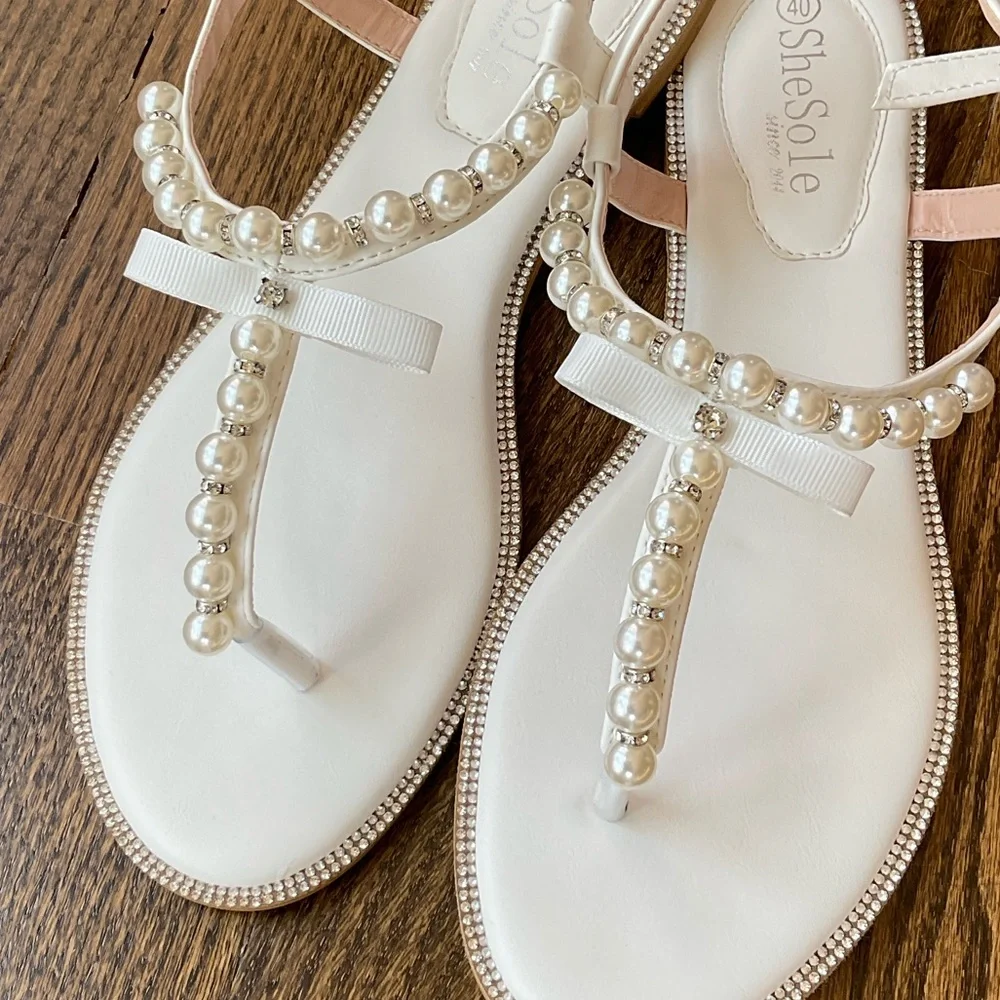 Faux Pearl T-Strap Sandals - Picture 3 of 6
